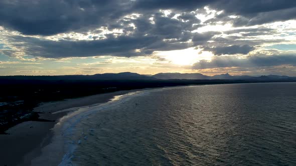 Aerial view of sunset over the beach in Byron Bay, New south Wales, Australia