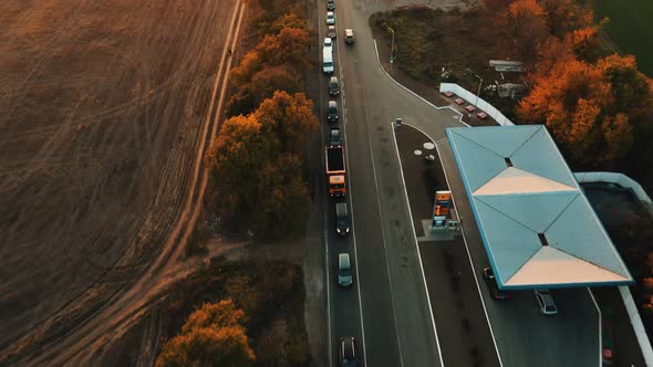 Aerial View of a Traffic Jam From Vehicles on an Evening Country Road in the Evening