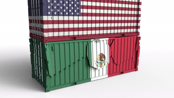 Container with Flag of USA Breaks Container with Flag of Mexico