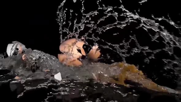 The Egg Is Pierced By A Bullet, The Liquid Splashes On A Black Background alt