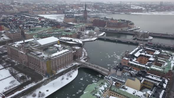 Extreme wide aerial view over beautiful historic city of Stockholm.