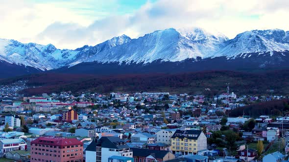 Downtown Ushuaia Argentina at Tierra del Fuego. Natural landscape of scenic town between mountains.