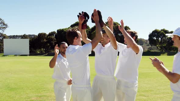 Cricket players giving high five during cricket match
