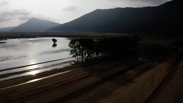 Aerial view of Lake Stymphalia, located in the north-eastern part of the Peloponnese, in Corinthia,