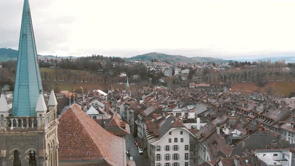 Bern cityscape , aerial forward establisher, Switzerland. Medieval townhouses