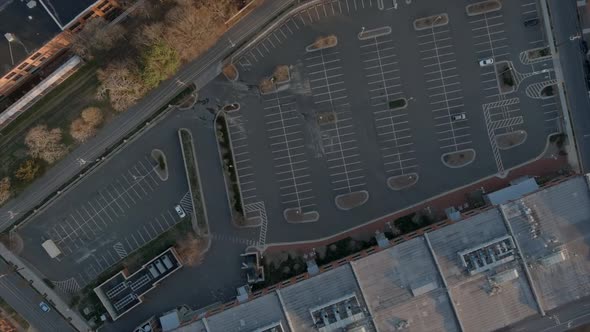 Aerial top-down view over parking of shopping center of Durham downtown in North Carolina. USA