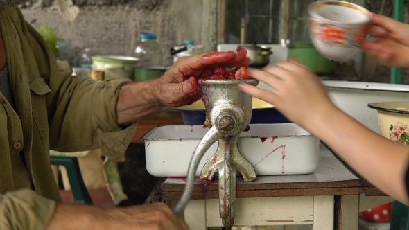 Human's hands chops summer berries for jam in grinder closeup