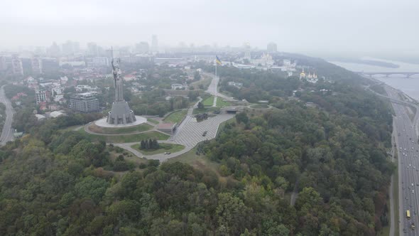 Symbol of Kyiv, Ukraine: Motherland Monument. Aerial View, Slow Motion. Kiev