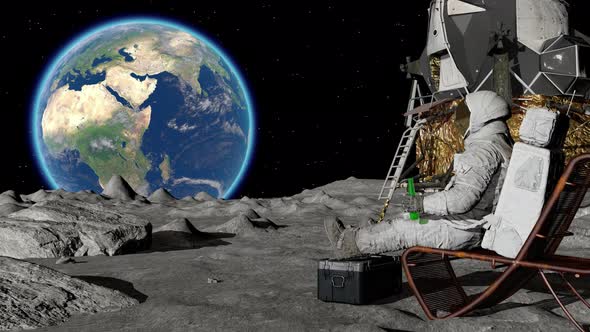 Lunar astronaut drinking beer sitting in easy beach chair on Moon surface, enjoying view of Earth.