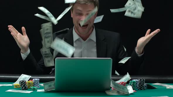 Happy Man Enjoying Victory in Rain of Money, Sports Betting, Online Casino