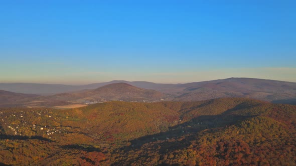 Panorama Great View in a Mountain Forest Beautiful Autumn Landscape of on Sunset