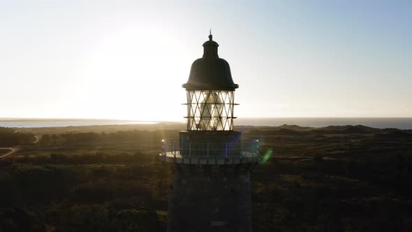 Drone Flight Round Lodbjerg Lighthouse In Sunlight