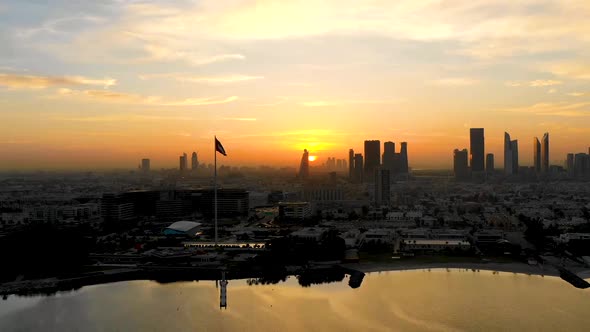 Aerial view of Dubai skyscrapers during scenic sunset, Dubai, U.A.E.