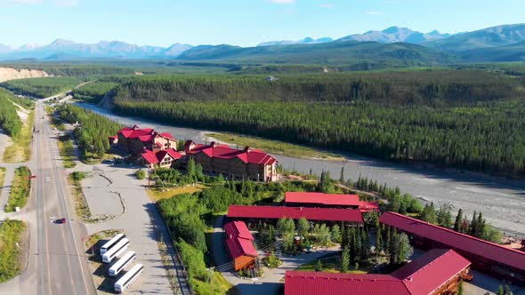 4K Drone Video of Denali Park Village along the Nenana River on the George Parks Highway Alaska Rout