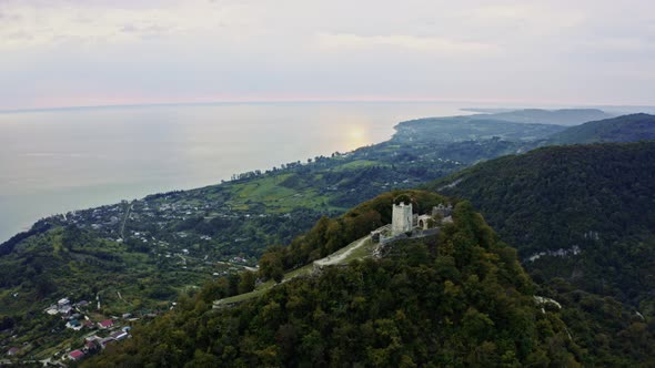 Drone Shows Old Beauty of Anacopia Fortress and Amazing Black Sea with Long Coast Line Connecting