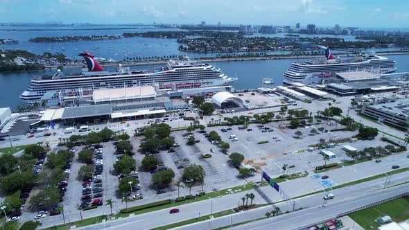 Cityscape Miami Florida United States. Cruise ship at Port of Miami.