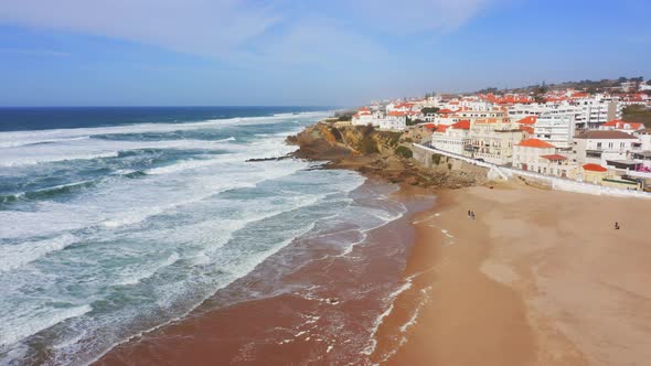 Aerial Drone View of Sandy Beach at Lisbon, Portugal at Praia das Macas, a Beautiful Coastal Town, P