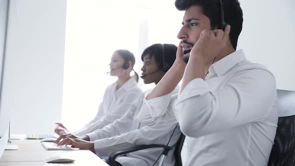 Call Center Operator. Man In Headset Working At Contact Center