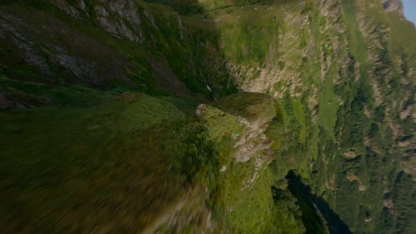 Aerial View Flight Over Picturesque Mountain Ridge Covered Fresh Green Grass and Grazing Wild Goats