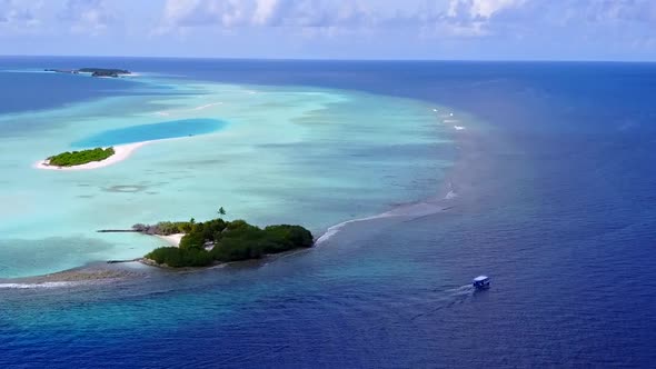 Drone aerial landscape of island beach trip by water and sand background