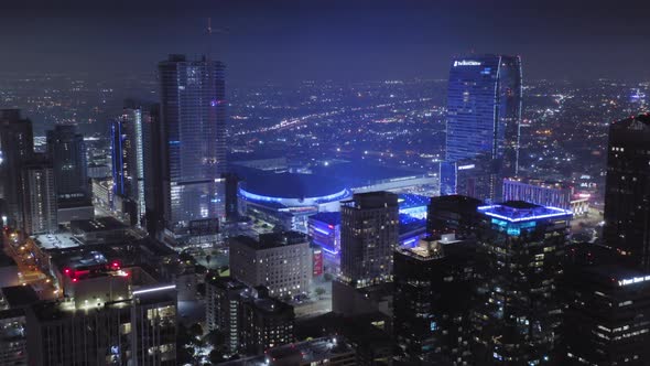 Spectacular Aerial View of the Highrise Buildings of Los Angeles Downtown at Night. California, USA alt