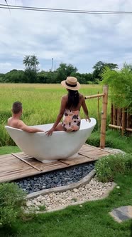 Bathtub Between Beautiful Green Paddy Field Thailand Bath Thub at an Home Stay Farm at Rice Field