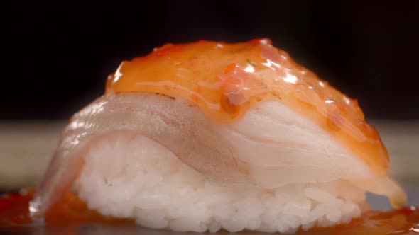 Hot Spicy Cause Is Dripping From Sashimi, Making the Sushi in Slow Motion, Cooking Sashimi, Asian