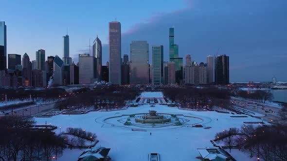 Urban Skyline of Chicago in Evening Twilight in Winter