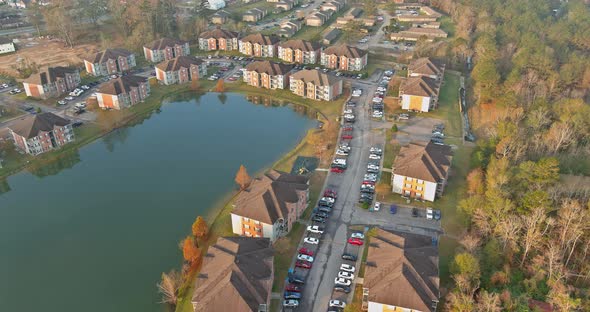 Aerial View of Autumn Apartment Complex Near Pond the Small Town Denham Springs in Louisiana America