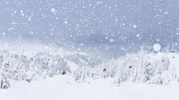 Animation of Landscape with Winter Scenery and Ski Chair Lift Fir Tree Forest Covered in Snow