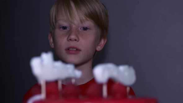 A Blond Boy Sits in Front of a Cake with Extinguished Candles