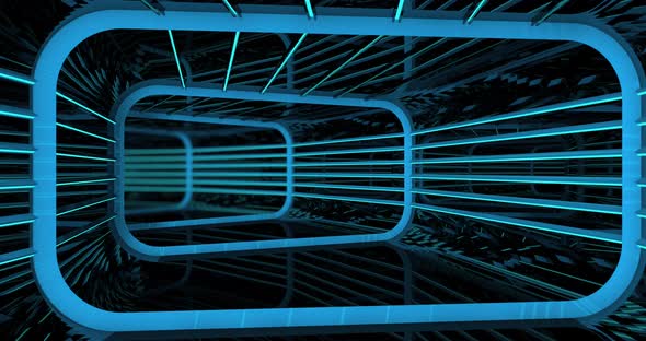 Reflective rectangular tunnel with structure and blue lights inside a spaceship