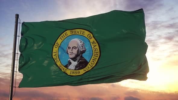 Flag of Washington Waving in the Wind Against Deep Beautiful Sky at Sunset