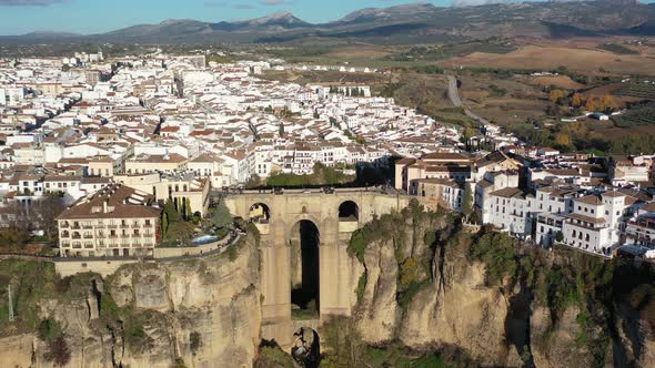 Town of Ronda Spain in the province of Málaga with Puente Nuevo arch bridge joining the village, Aer