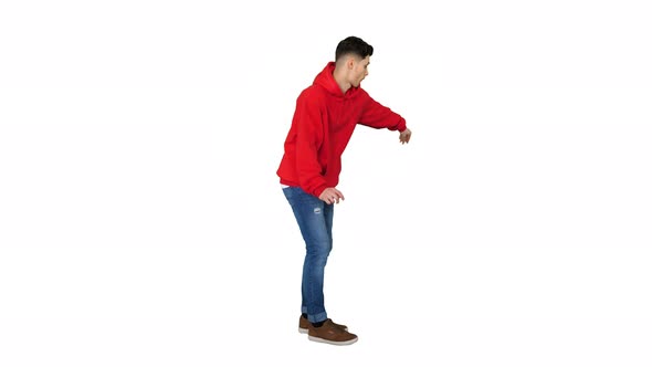 Handsome Young Man Dancing in Red Hoody on White Background.