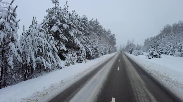 By car on a snowy forest road