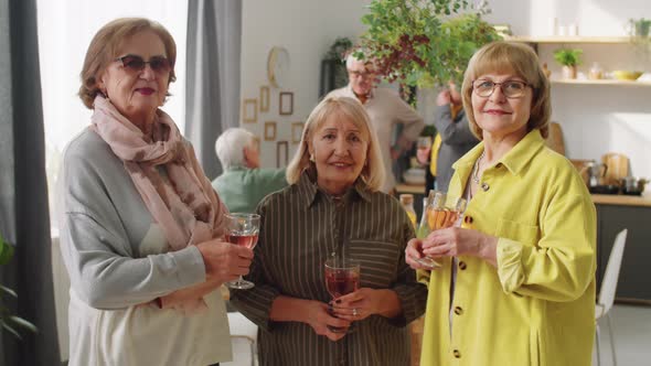 Portrait of Happy Elderly Women with Drinks at Home Party