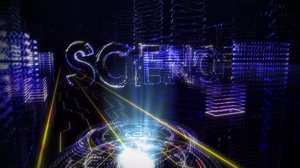 The Word Science is Projected Above the Golden Circuit Board. Digital world alt