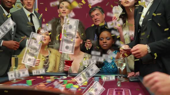 Animation of confetti and american dollar bills falling over people gambling around casino table