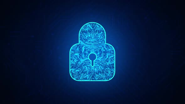 Cyber security concept. Lock symbol from lines and triangles, point connecting network on blue alt