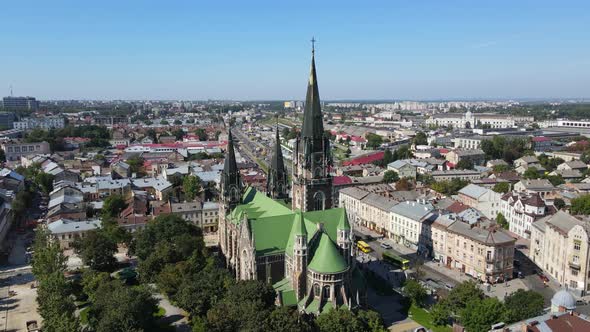 Aerial Shot The City Of Lviv. Temple Of St. Olga And Elizabeth. Ukraine