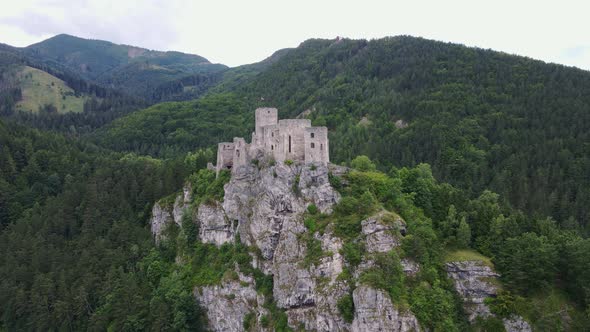 Aerial view of the castle in the village of Strecno in Slovakia