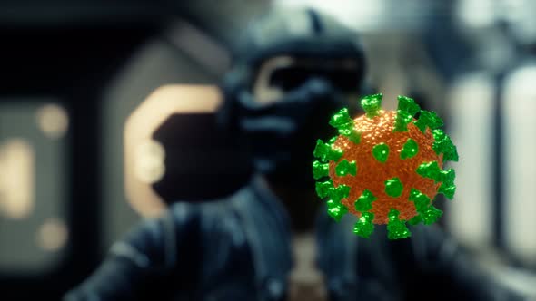 Woman in Protective Medical Mask on Her Face Looking at COVID-19 Coronavirus alt