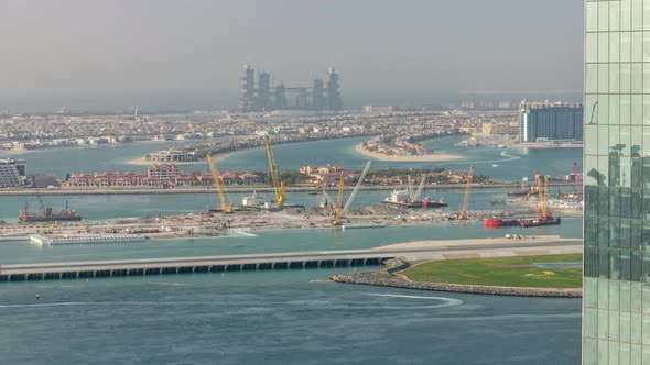 Aerial View of Palm Jumeirah Man Made Island From JBR District Before Sunset Timelapse