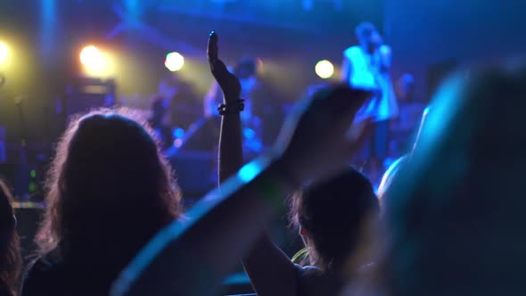 Crowd of Fans of the Musical Band Applauding in a Nightclub During Live Performance