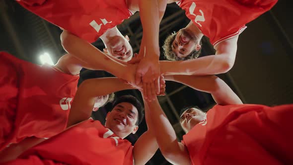 Slow Motion Red Team of Basketball Players Shouts Chants and Raising Morale Before the Game the