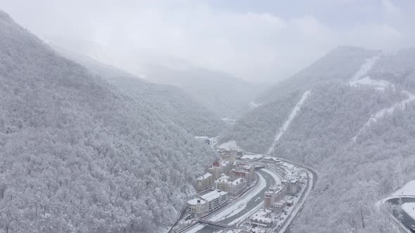 Shooting From Helicopter Ski Resort Infrastructure Mountain River Hotels Bridges at Winter Season