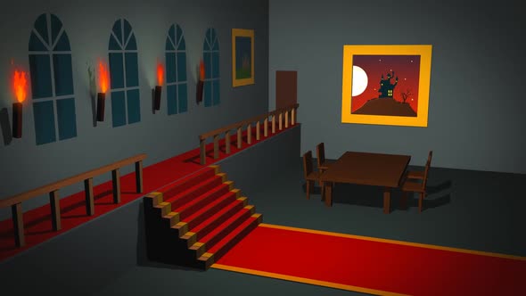 Mansion interior with torches, carpet and old furniture haunted by the ghost.