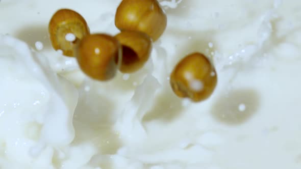 Dropping hazelnuts into milk, Ultra Slow Motion