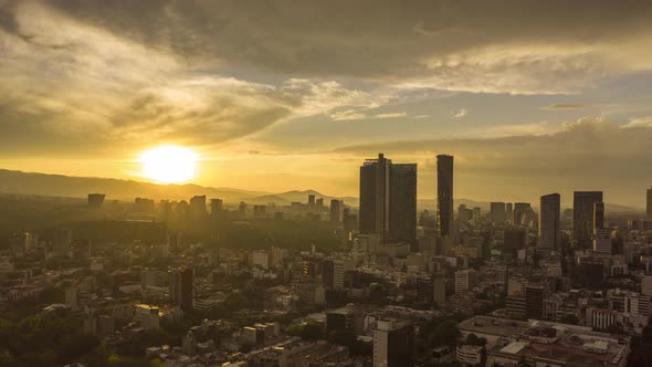 Aerial Hyperlapse in Mexico City, CDMX, during sunset.